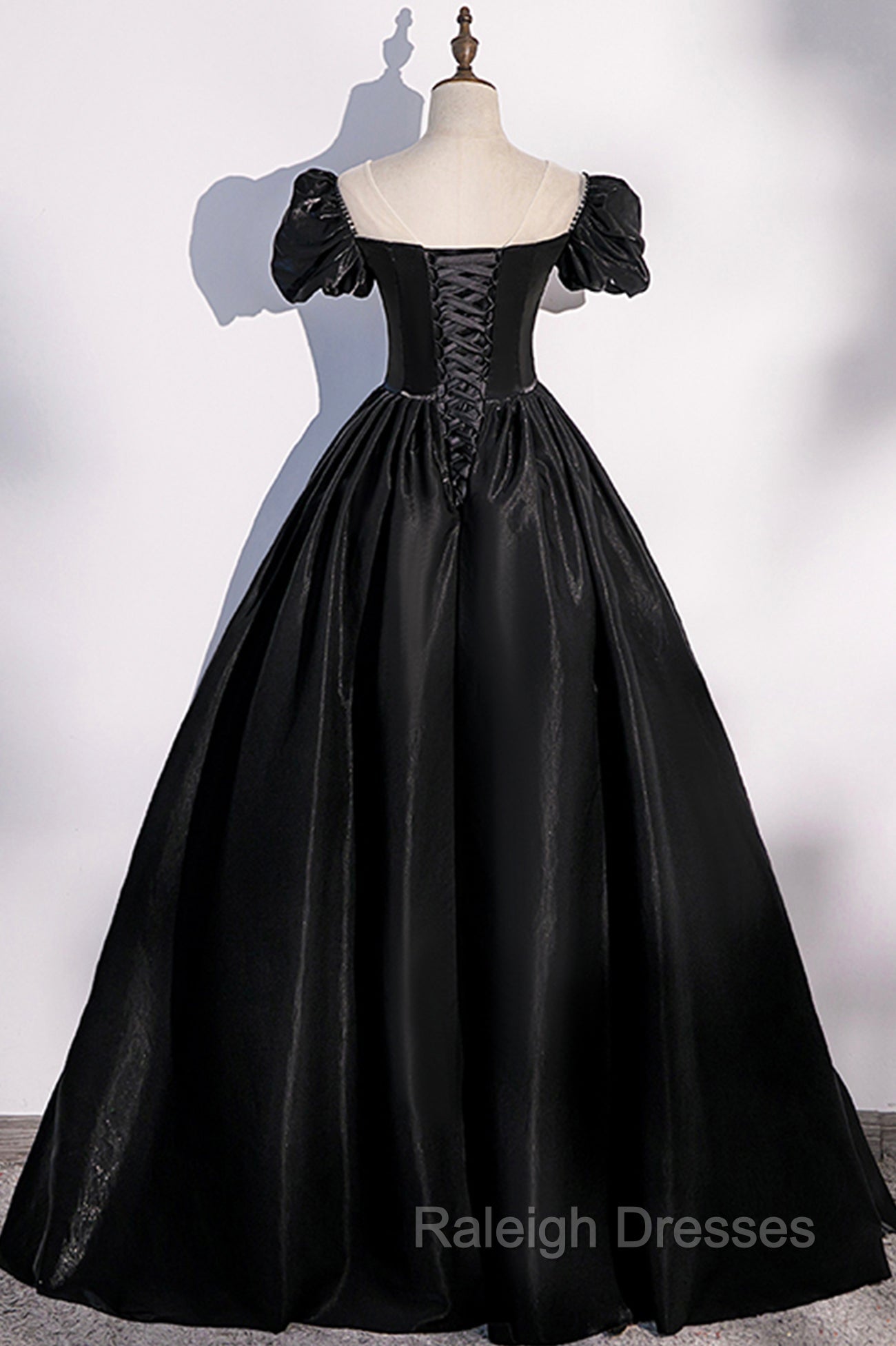 Black Satin Long Prom Dress, Black A Line Short Sleeve Prom Dress