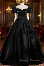 Black Satin Long Prom Dress, Black A-Line Short Sleeve Evening Dress