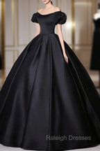 Black Satin Long Prom Dresses, Black Long Formal Sweet 16 Dress