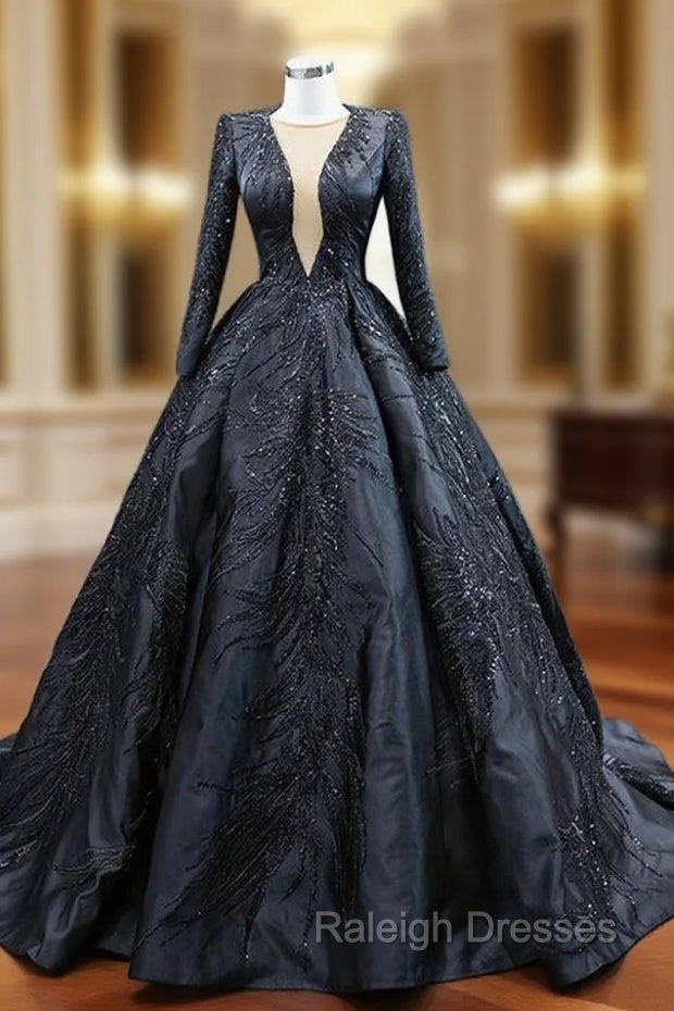 Black Satin Long Sleeve Sequins Prom Dress Main image