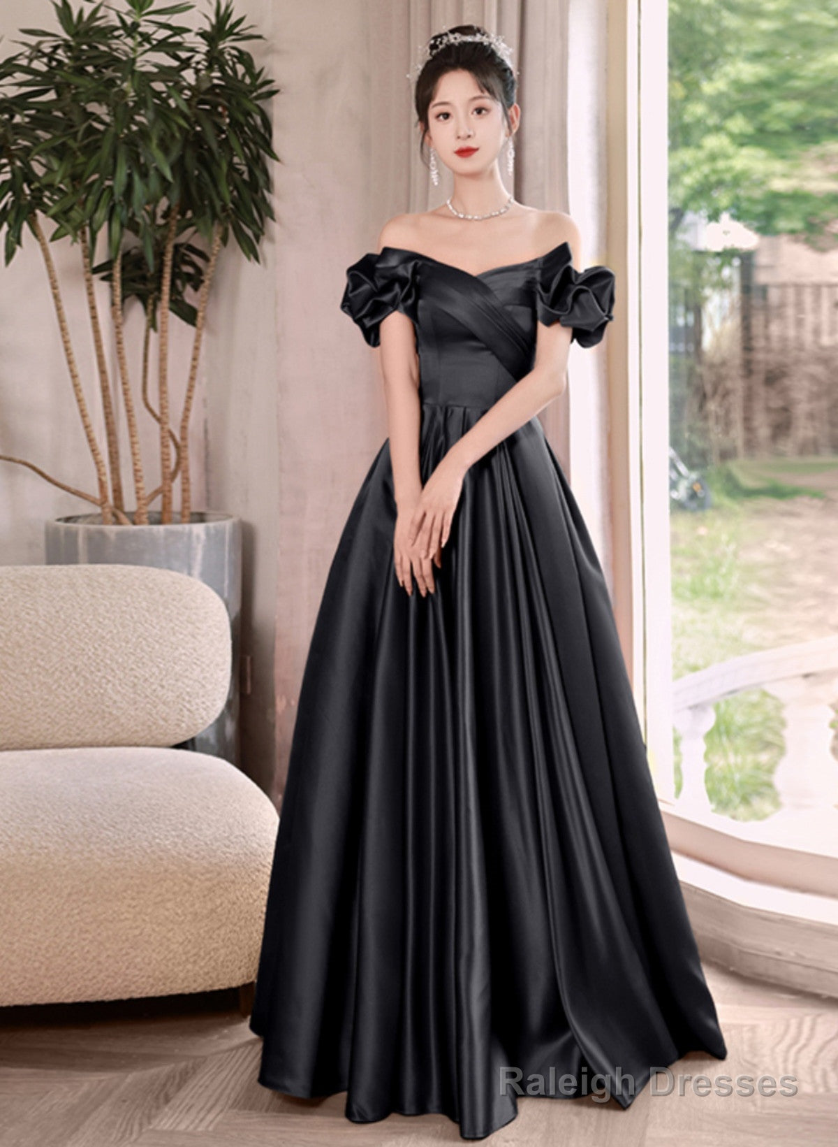 Black Satin Off Shoulder Long Formal Dress Evening Dress, Black Satin