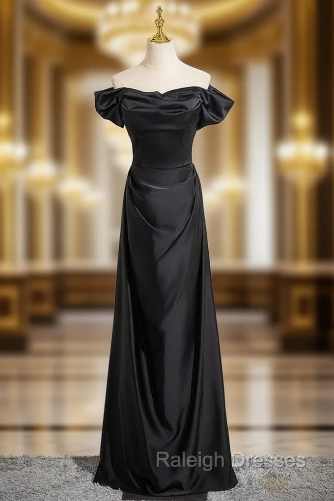 Black Satin Off the Shoulder Pleats Prom Dress Main image