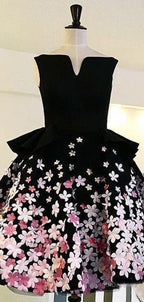 Black Satin Pink Floral Appliques Homecoming Dress