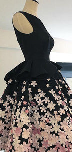 Black Satin Pink Floral Appliques Homecoming Dress