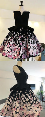 Black Satin Pink Floral Appliques Homecoming Dresses