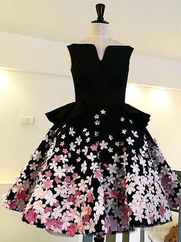 Black Satin Pink Floral Appliques Homecoming Dress