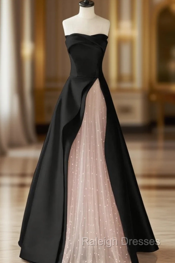 Black Satin Pink Tulle Strapless Prom Dress