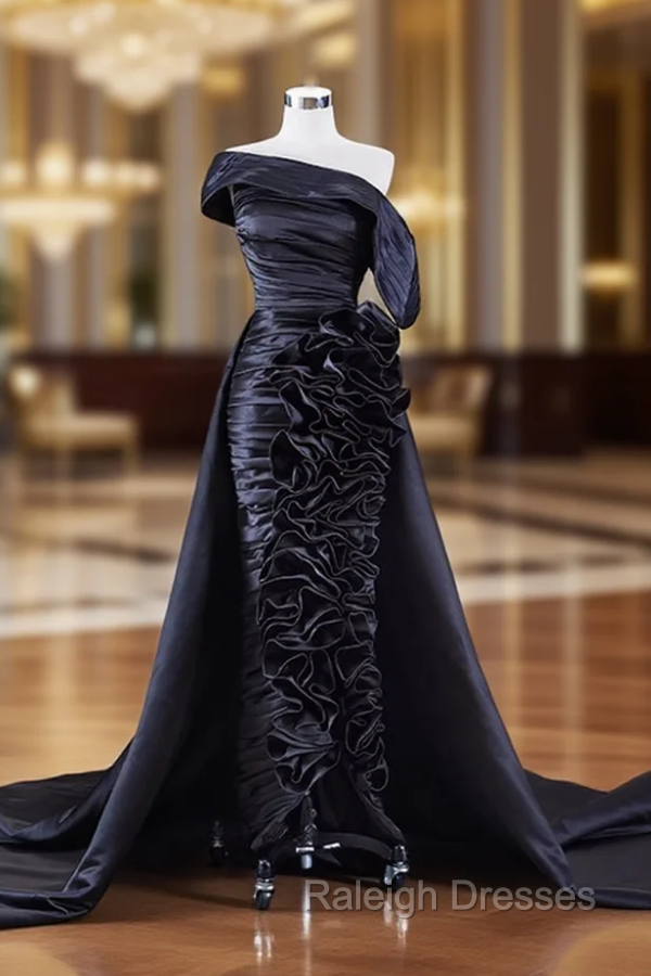 Black Satin Pleats Ruffles Prom Dress Main image