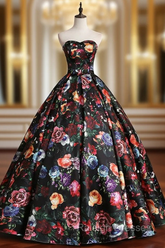 Black Satin Print Sweetheart Quinceanera Dresses With Bow Main image