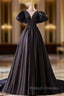 Black Satin Puff Sleeve Beading Prom Dress