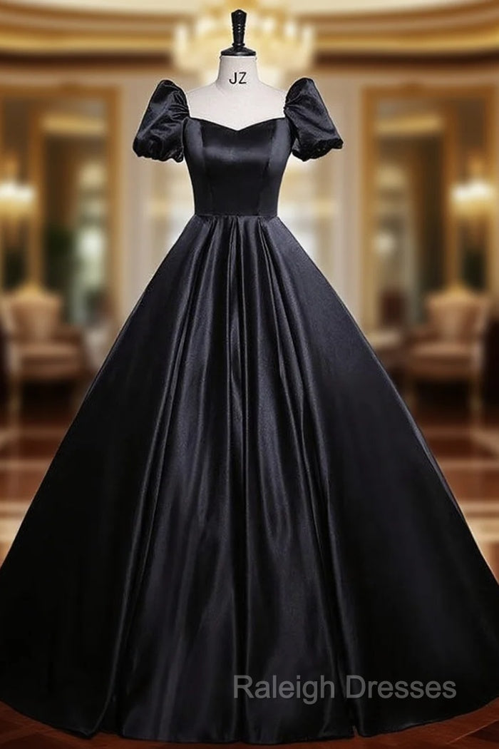 Black Satin Puff Sleeve Square Neck Prom Dress Main image