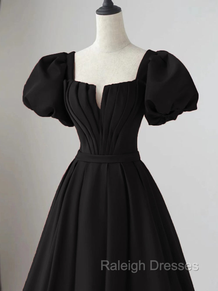 Black Satin Puffy Sleeves Long Prom Prom Dress, Black Long Prom Dress Secondary image