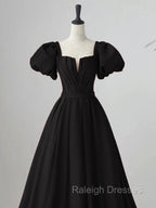 Black Satin Puffy Sleeves Long Evening Party Dress, Black Long Prom Dress