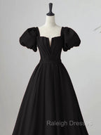 Black Satin Puffy Sleeves Long Prom Prom Dress, Black Long Prom Dress