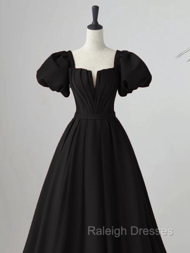 Black Satin Puffy Sleeves Long Prom Prom Dress, Black Long Prom Dress