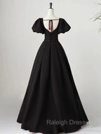 Black Satin Puffy Sleeves Long Prom Prom Dress, Black Long Prom Dress