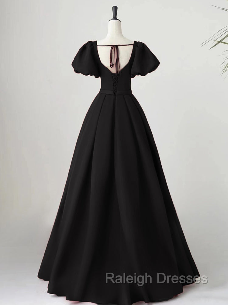 Black Satin Puffy Sleeves Long Prom Prom Dress, Black Long Prom Dress