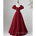 Black Satin Puffy Sleeves Long Evening Party Dress, Black Long Prom Dress