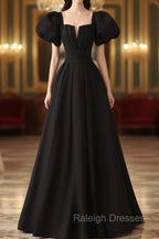 Black Satin Puffy Sleeves Long Evening Party Dress, Black Long Prom Dress