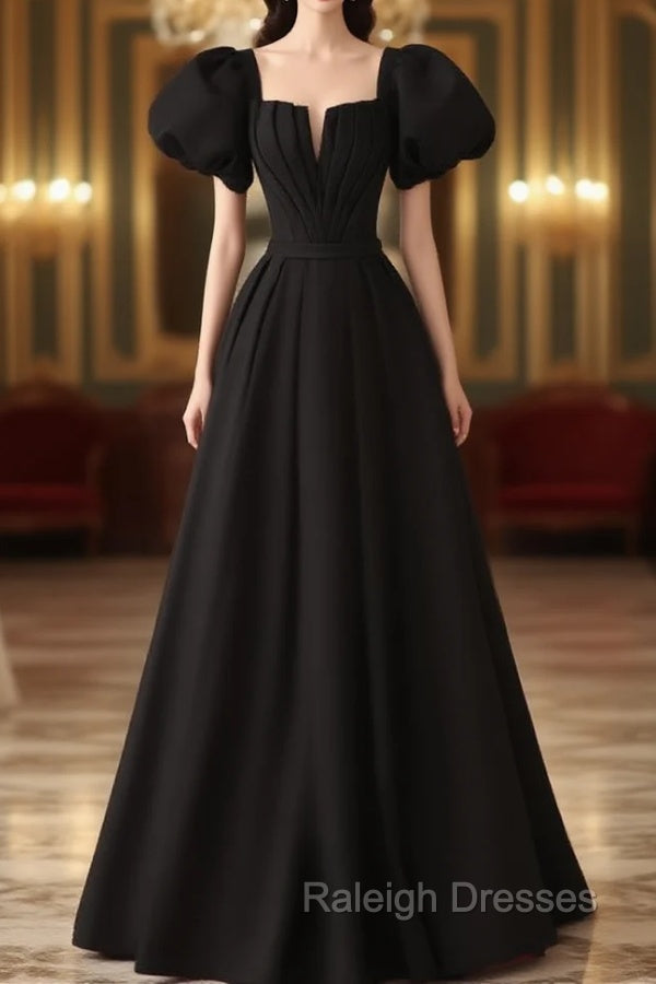 Black Satin Puffy Sleeves Long Prom Prom Dress, Black Long Prom Dress