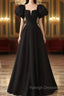 Black Satin Puffy Sleeves Long Prom Prom Dress, Black Long Prom Dress