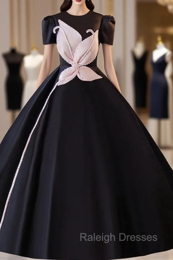 Black Satin Short Sleeve Ball Gowns Prom Dress