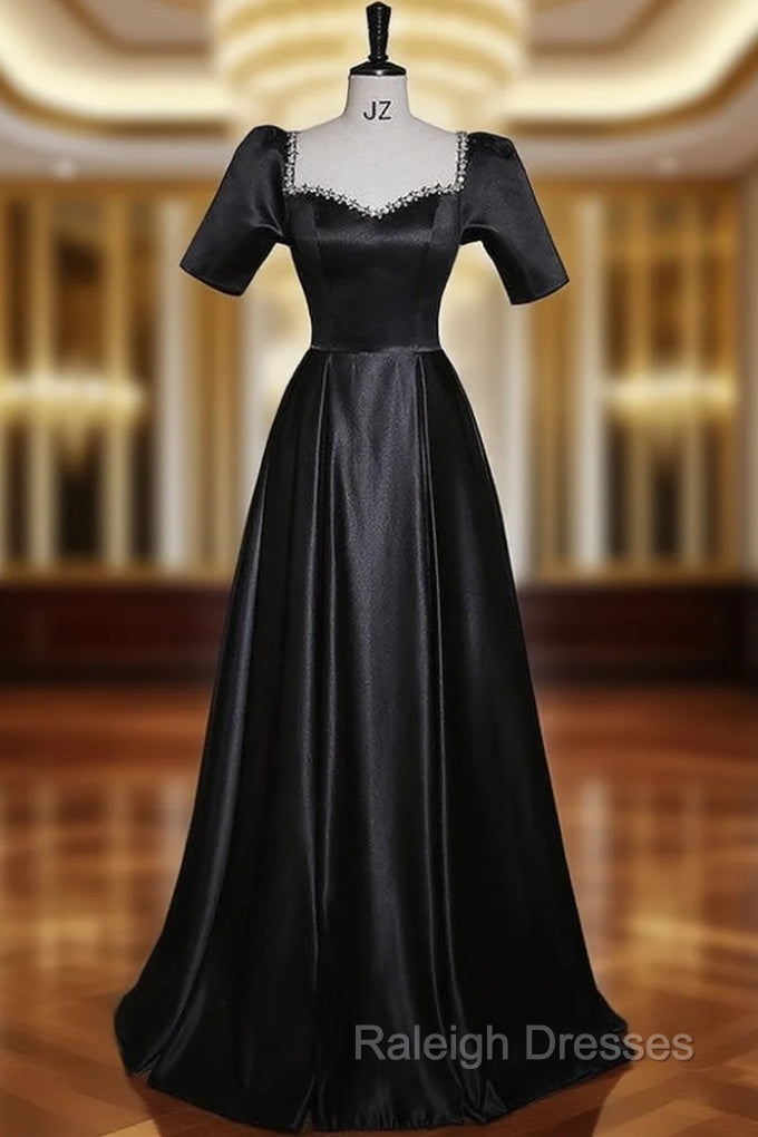 Black Satin Short Sleeve Beading Prom Dress Main image