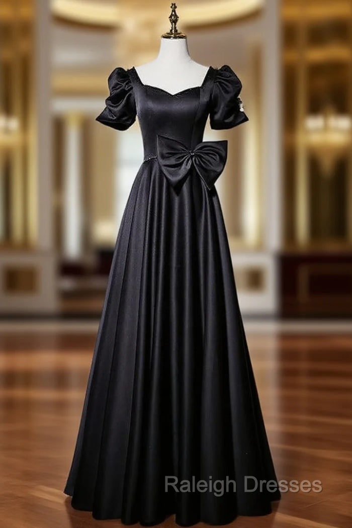 Black Satin Short Sleeve Bow Prom Dress Main image