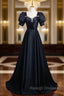 Black Satin Short Sleeve Pleats Prom Dress