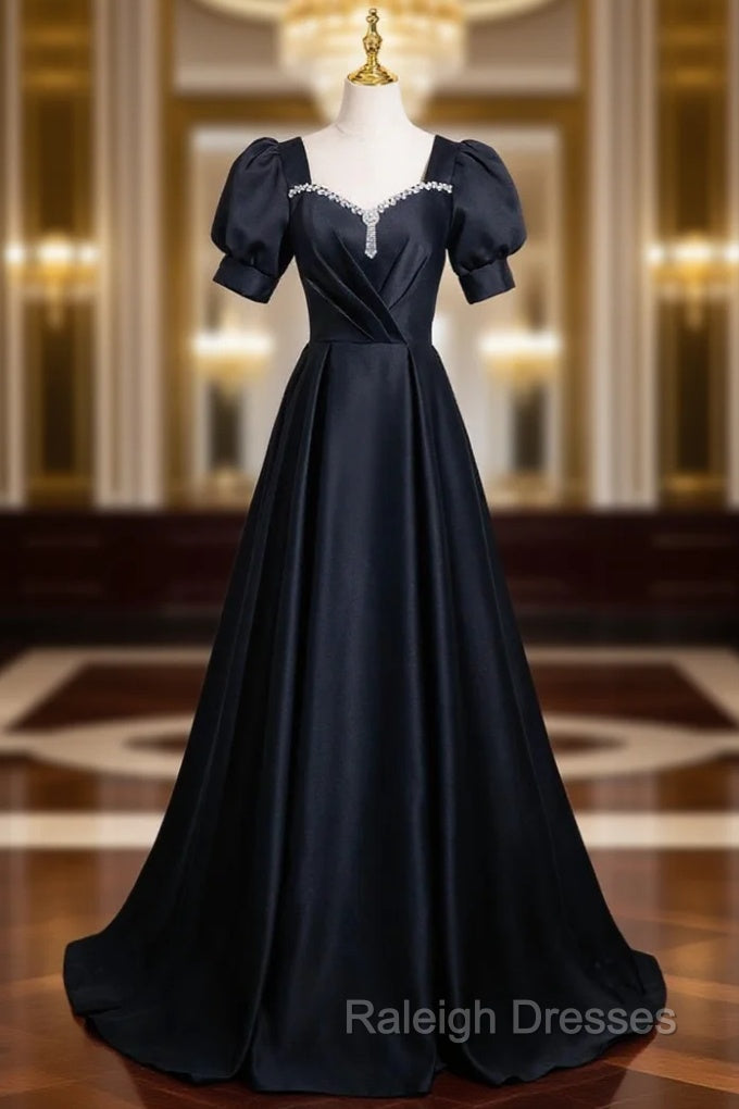 Black Satin Short Sleeve Pleats Prom Dresses