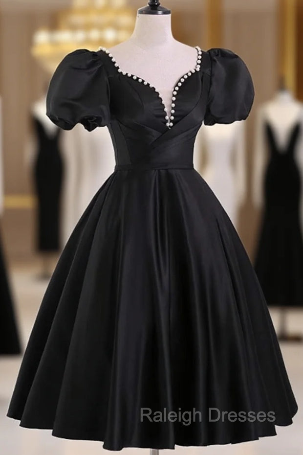 Black Satin Short Sleeves Knee Length Prom Dress, Black Homecoming Dress