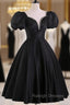 Black Satin Short Sleeves Knee Length Prom Dress, Black Homecoming Dress