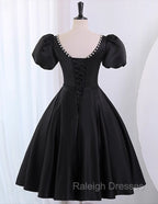 Black Satin Short Sleeves Knee Length Prom Dress, Black Homecoming Dress