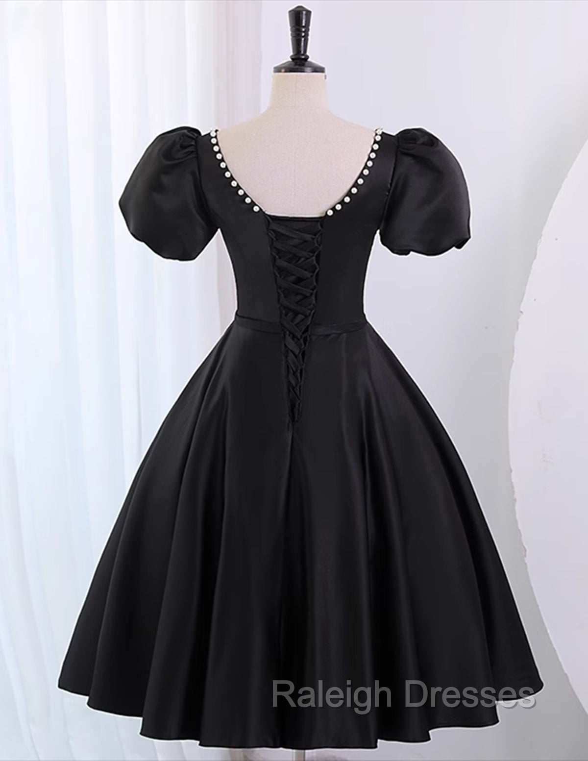 Black Satin Short Sleeves Knee Length Prom Dress, Black Homecoming Dress