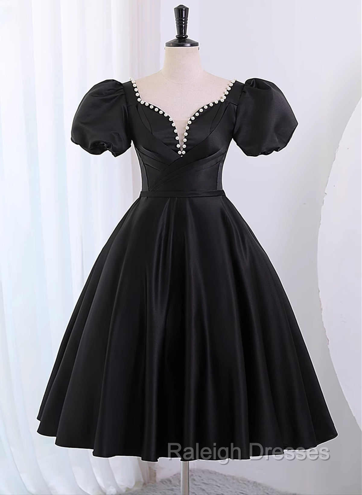Black Satin Short Sleeves Knee Length Prom Dress, Black Homecoming Dress Main image