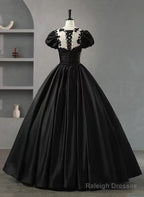 Black Satin Short Sleeves Round Neckline Party Dress, Black Sweet 16 Dress