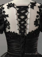 Black Satin Short Sleeves Round Neckline Prom Dresses Black Sweet 16 Dresses