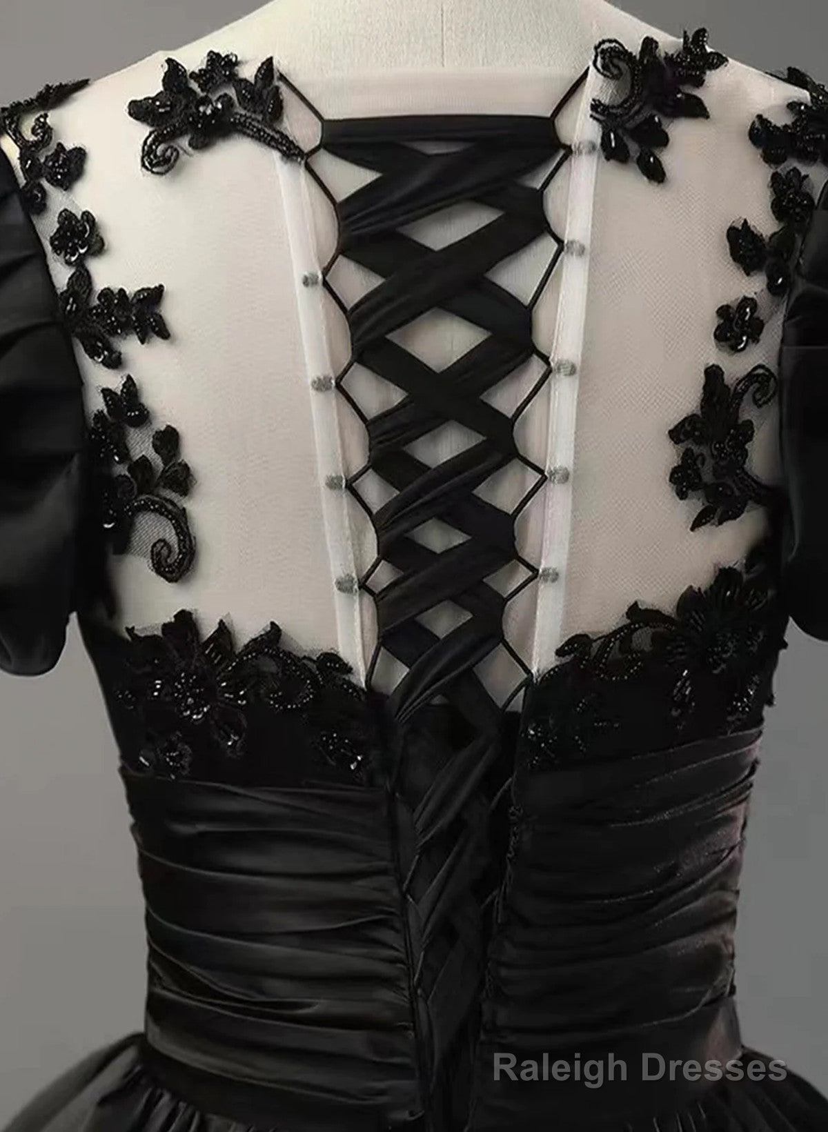 Black Satin Short Sleeves Round Neckline Prom Dresses Black Sweet 16 Dresses