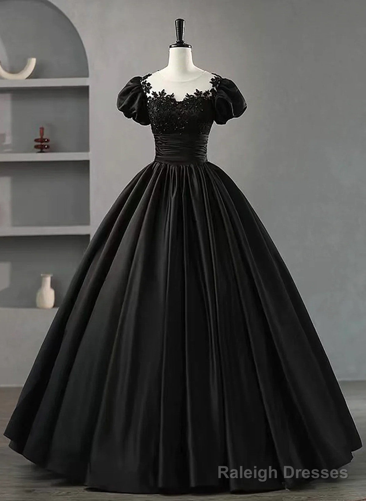 Black Satin Short Sleeves Round Neckline Party Dress, Black Sweet 16 Dress