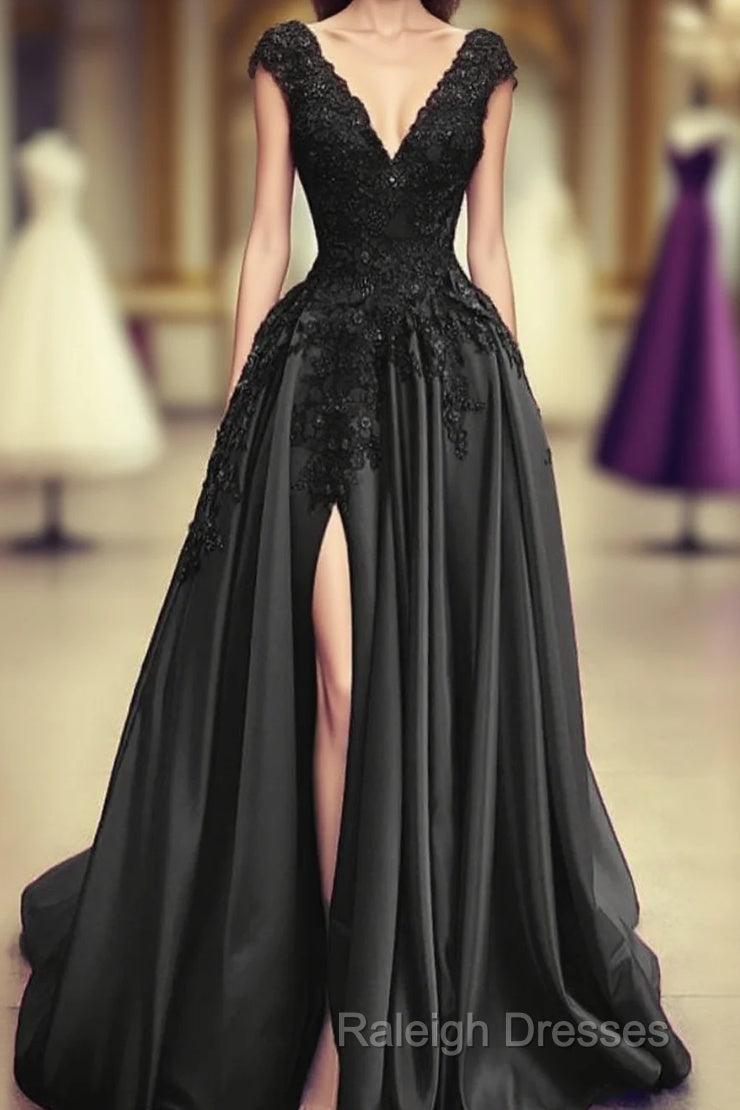 Black Satin Slit Dress With Lace Embroidery Prom Dress Main image