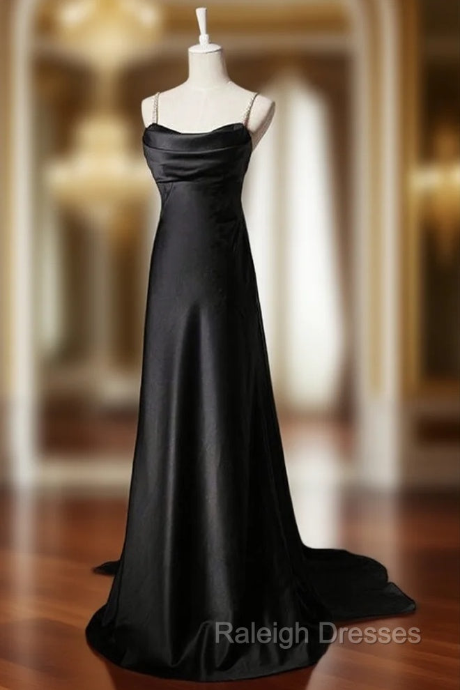 Black Satin Spaghetti Straps Pleats Prom Dress