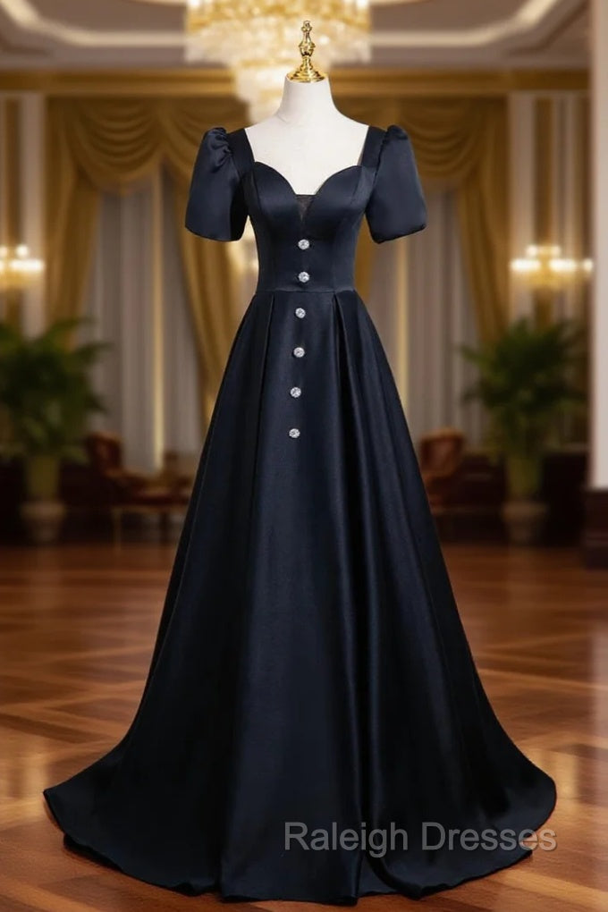 Black Satin Square Neck Short Sleeve Prom Dresses Main image