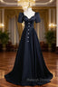 Black Satin Square Neck Short Sleeve Prom Dresses