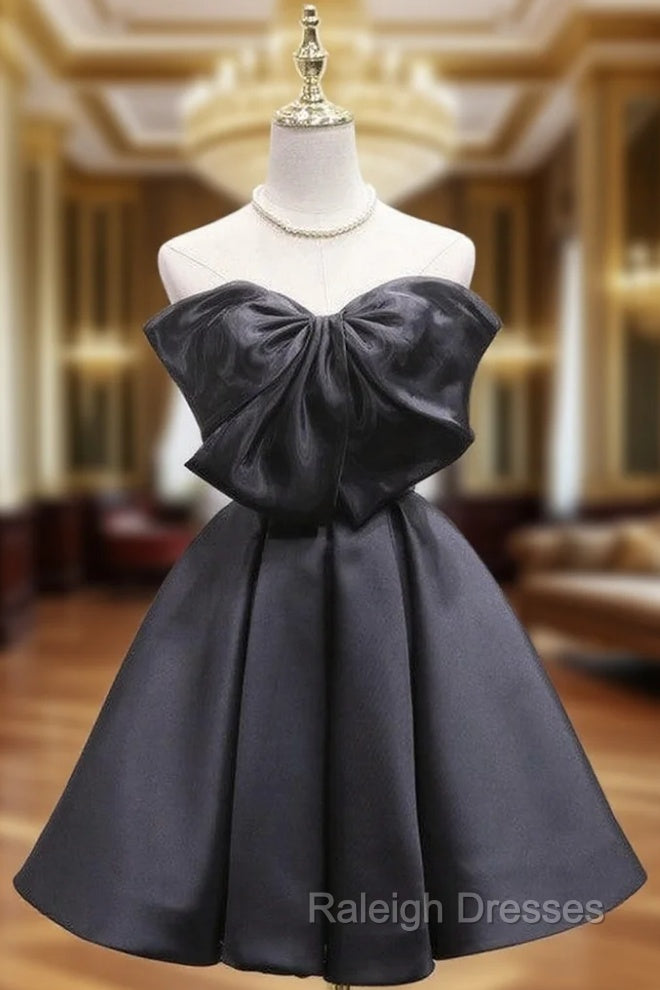 Black Satin Strapless Bow Homecoming Dress