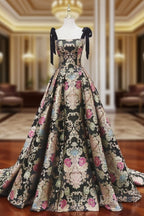 Black Satin Straps A-line Floral Long Formal Dress, Black Evening Dress