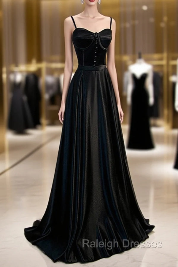 Black Satin Straps Long Party Dress, Black Sweetheart Long Evening Dress Prom Dress