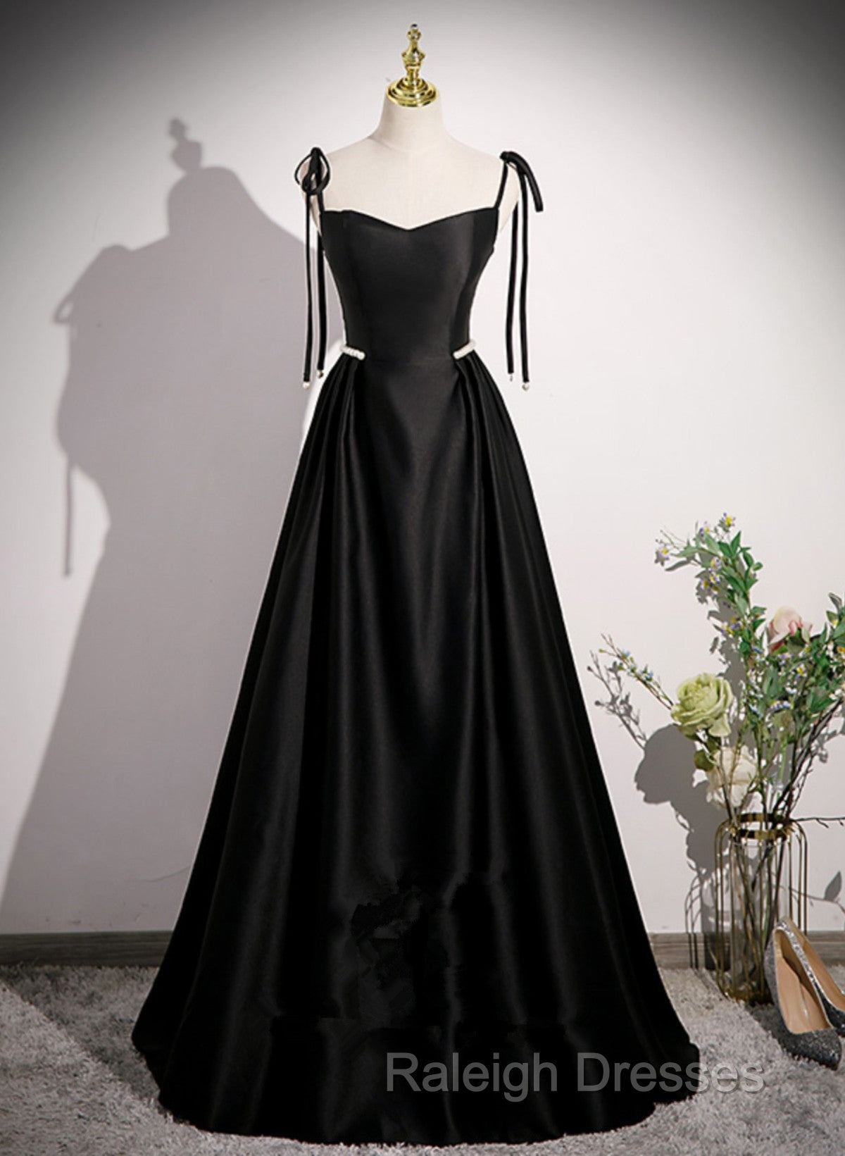 Black Satin Sweetheart Long Prom Dress With Bow, Black Long Evening Dress Secondary image