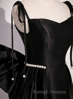 Black Satin Sweetheart Long Prom Dress With Bow, Black Long Evening Dress