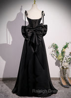 Black Satin Sweetheart Long Prom Dress With Bow, Black Long Evening Dress