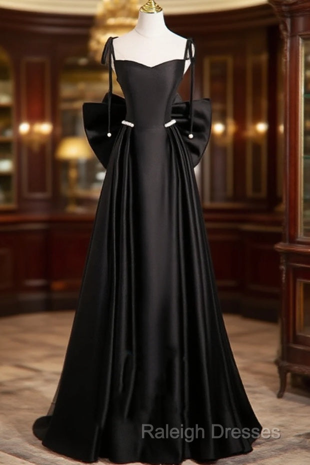 Black Satin Sweetheart Long Prom Dress With Bow, Black Long Evening Dress
